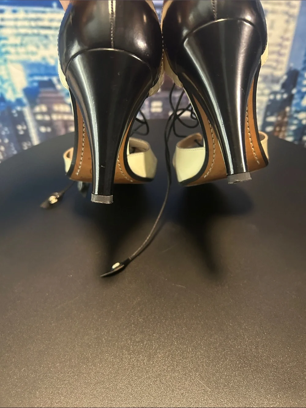CHANEL Black and Cream Lace-Up Peep Toe Heels